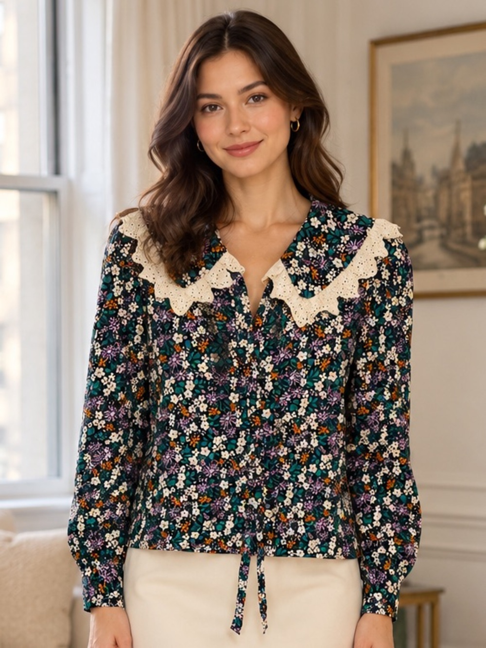 Zara Floral Lace Collar Tie Front Puff Sleeve Blouse Size XL